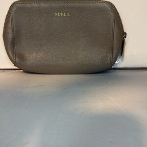 Furla Gray Tan Leather Pouch makeup bag